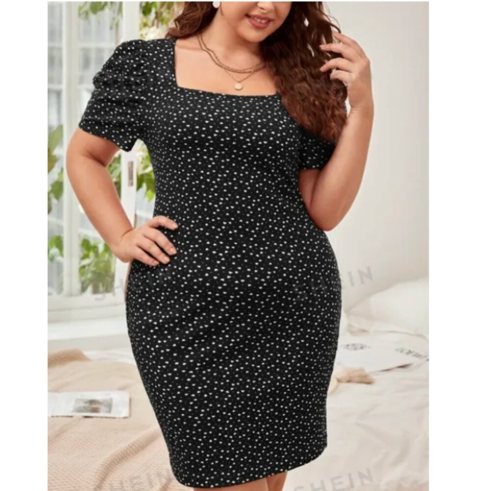 SHEIN Square Neck Heart Pattern Puff Sleeve Plus Size Dress  2XL,Black/White